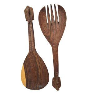 Hand Carved Wooden Elephant Salad Serving Spoon & Fork Tongs Wooden